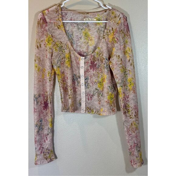 Free People We The Free Angelina Lace Top in Light Pink Yellow Floral Combo XL - Picture 3 of 11
